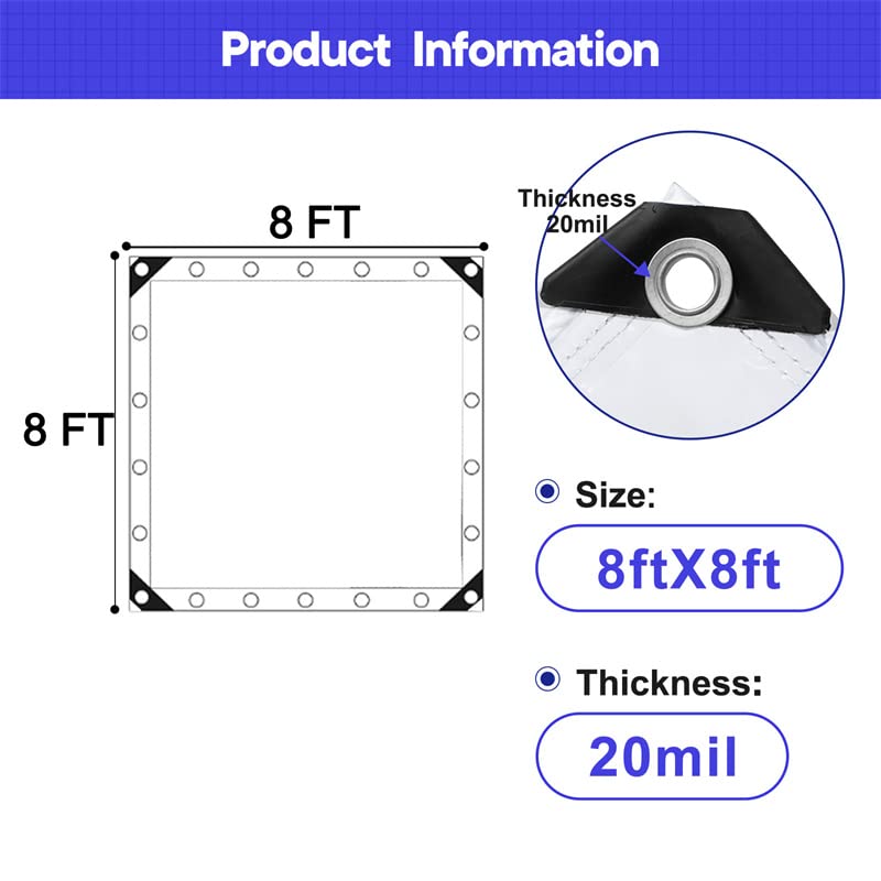 Outdoor Clear Vinyl Tarp 20 Mil 8x8 FT Waterproof with Metal Grommets P342