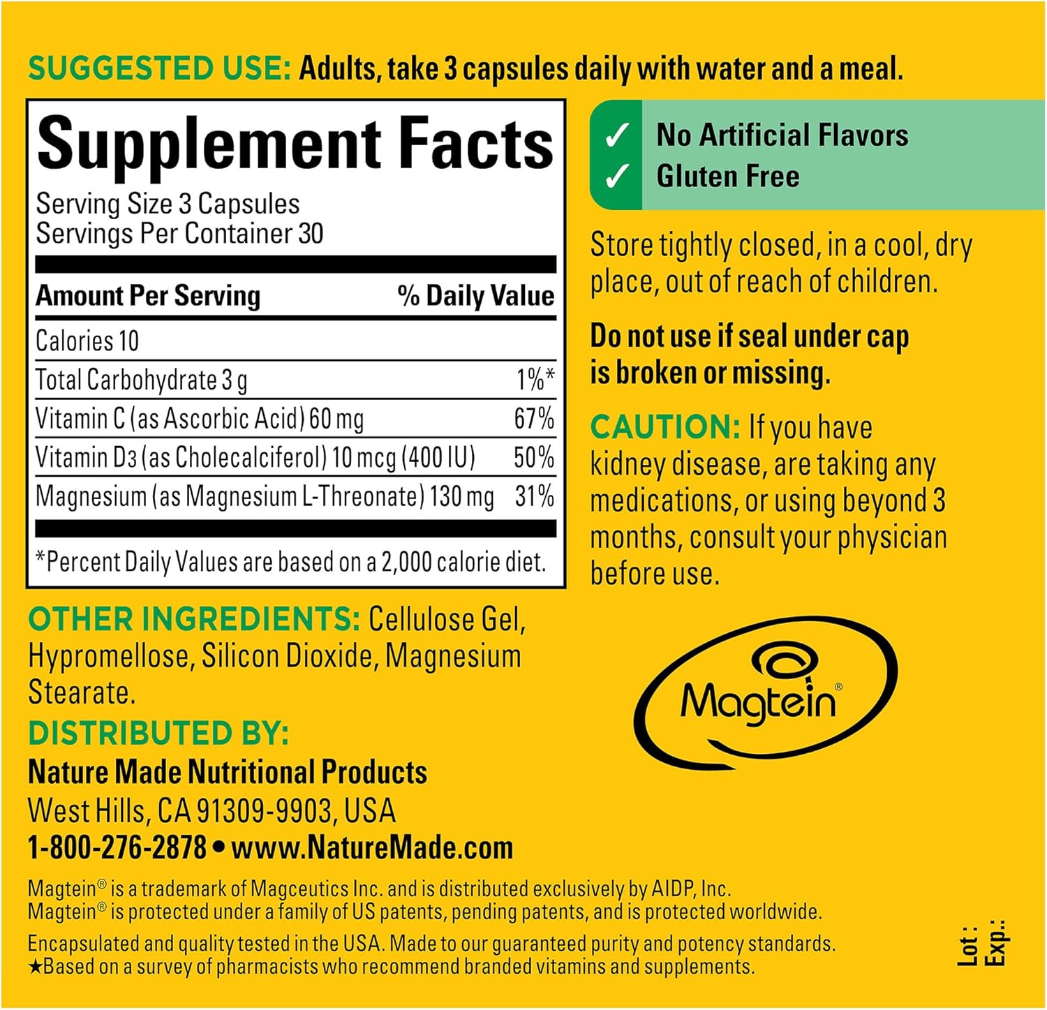 Nature Made Magnesium L-Threonate with Vitamin C & D3, Cognitive Support Supplement, 90 Capsules E521