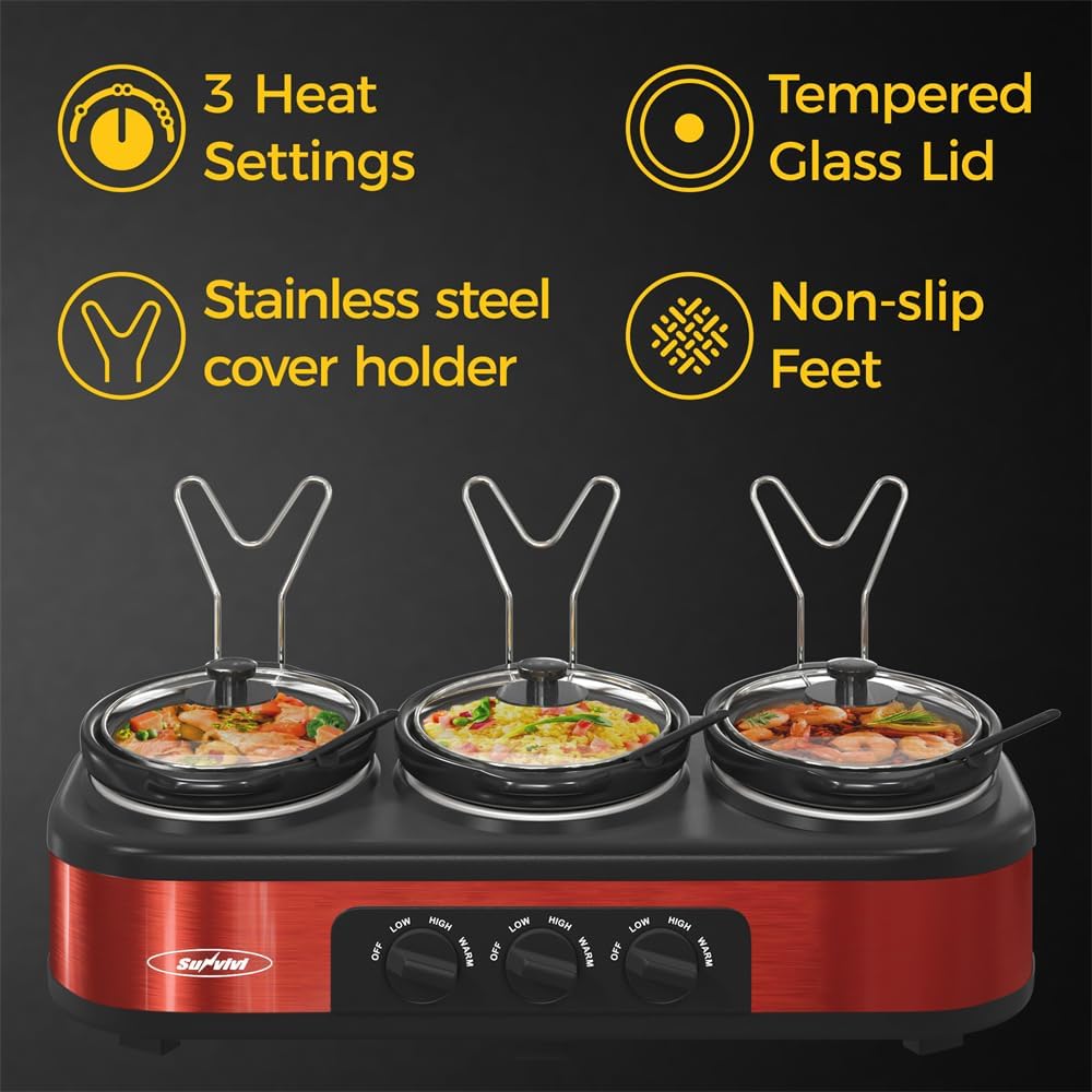 Triple Slow Cooker, 3 x 1.5 Quart Buffet Server and Food Warmer, Red, Stainless Steel K315
