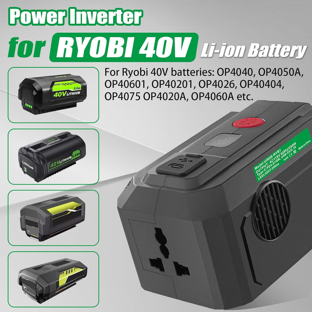 Ryobi 40V Battery Power Inverter 200W DC to AC 110V with USB & Type C U553