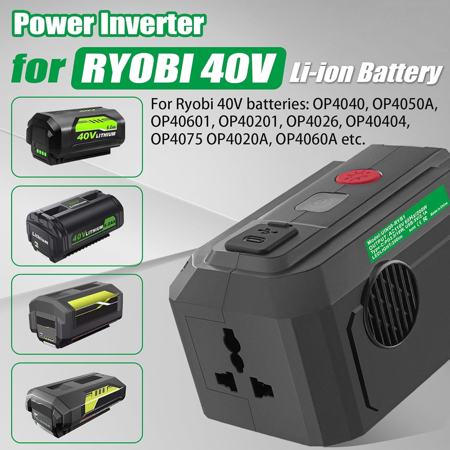 Ryobi 40V Battery Power Inverter 200W DC to AC 110V with USB & Type C U553