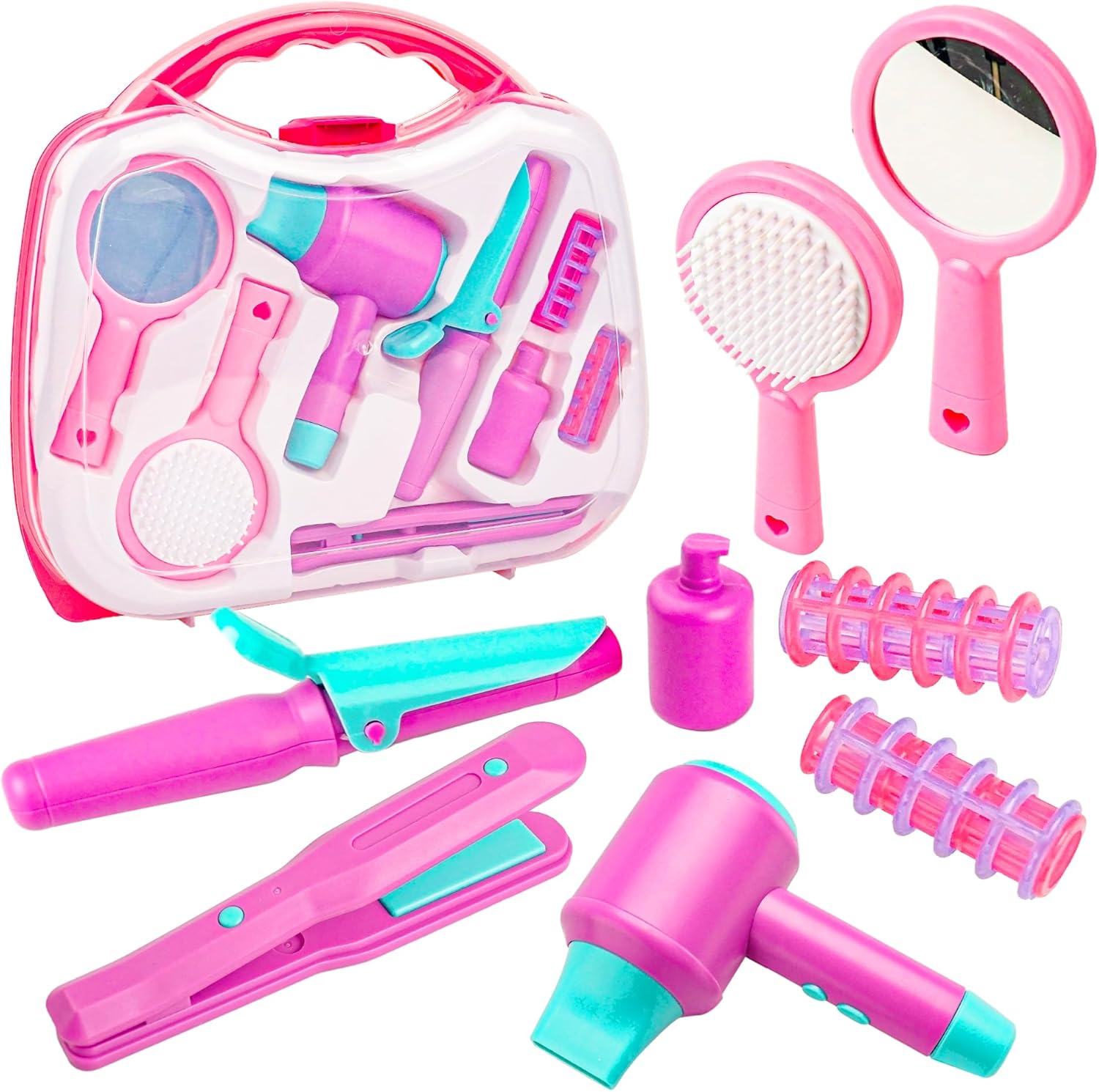 BELLOCHIDDO Kids Hair Salon Toys - Pretend Play Makeup and Hair Styling for Girls with Carrying Case, Princess Vanity with Hairdryer, Comb, Mirror and Stylist Accessories