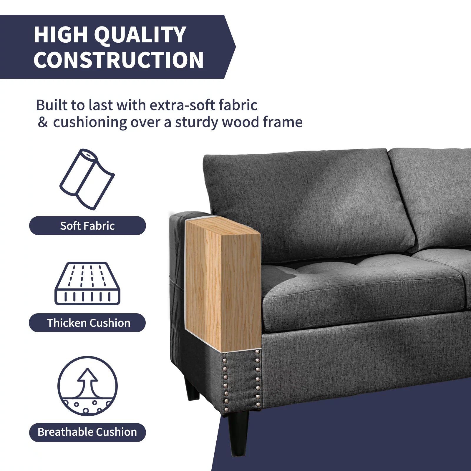 ZAFLY Reversible Sectional Couch, 3-Seat L-Shaped Modular Sleeper Sofa Bed with Storage Ottoman, Dark Grey D36329