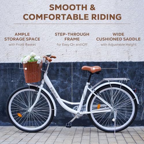 Viribus Women's Beach Cruiser Bike, 24 or 26 Inch, Step-Through with Basket J18770