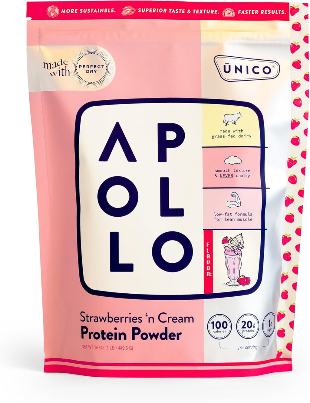 Unico Apollo Strawberry Protein Powder - 20g Grass-fed Sustainable Protein Powder | Smooth, Non-Chalky Texture | 100 Calories per Serving | Low-Carb & 0g Added Sugars