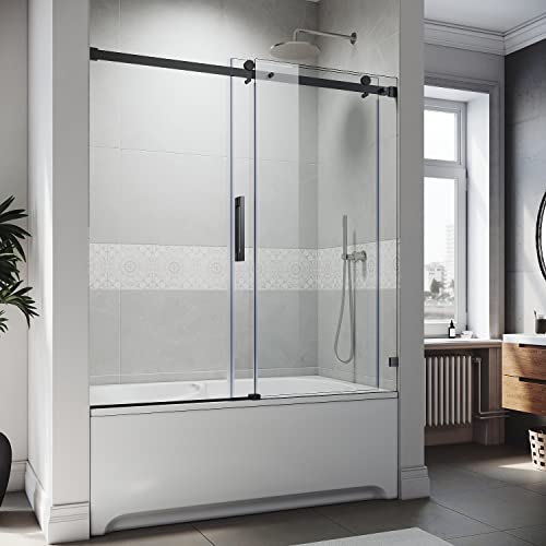 SUNNY SHOWER Frameless Sliding Tub Door 58.5-60" W x 62" H Matte Black V628174