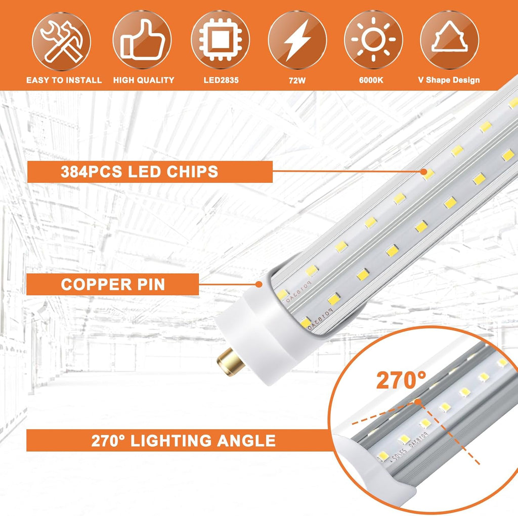 8ft LED Shop Light Bulbs 72W 6000K 10000lm, T8 T10 T12 V Shape FA8, Clear Cover, Pack of 12 R143