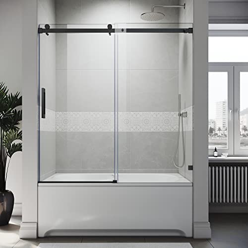 SUNNY SHOWER Frameless Sliding Tub Door 58.5-60" W X 62" H Bathtub Door with 5/16" Clear Glass Sliding Shower Enclosure with Tempered Glass Door Matte Black