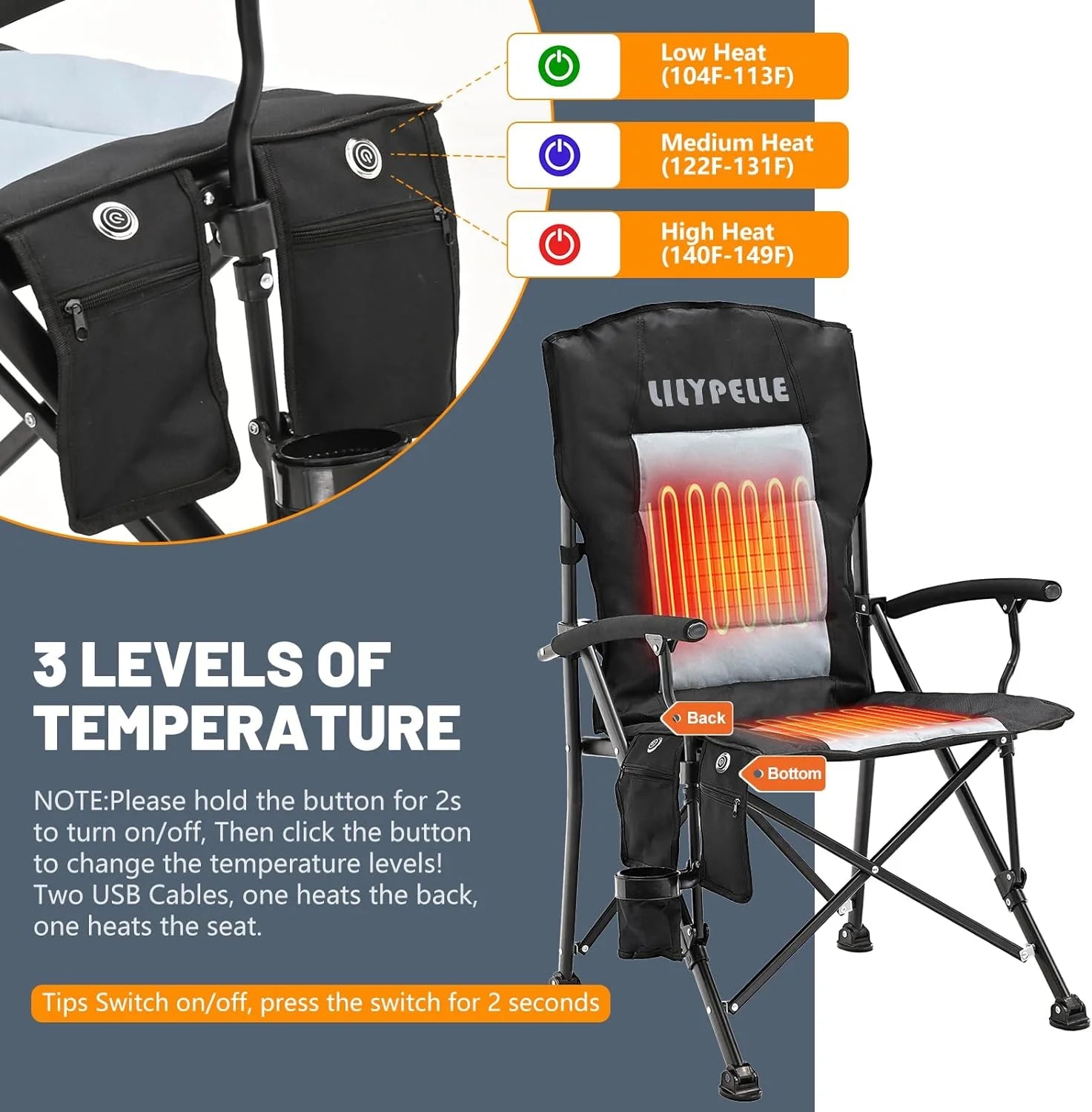 ABORON Heated Camping Chairs, Heavy Duty Folding Chairs for Outdoor, Supports 400 lbs B3131
