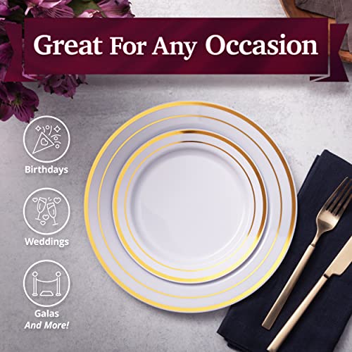 Aya's Cutlery Kingdom 100 White Plastic Plates with Gold Trim, 50 Dinner + 50 Salad Plates A6218