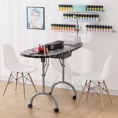 Portable Manicure Nail Table with Drawer, LED Lamp, Lockable Wheels, Pink I12109