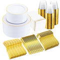 SUT 150 PCS Gold Plastic Plates, Disposable Clear Gold Dinnerware Set with Cups, Includes: 25 Dinner Plates, 25 Dessert Plates, 25 Cutlery, 25 Cups, Prefect for Party, Wedding & Shower