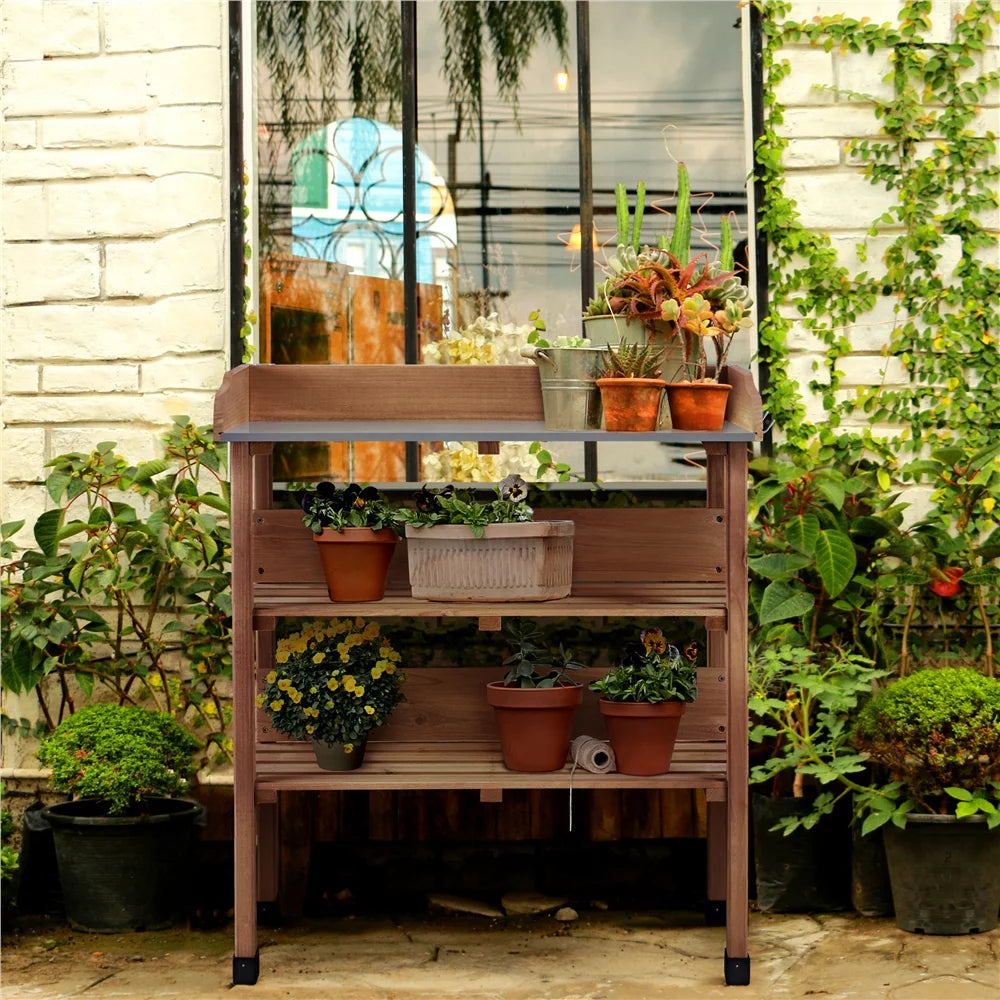 Easyfashion Outdoor Potting Bench Table with Storage Shelf, Brown L604417