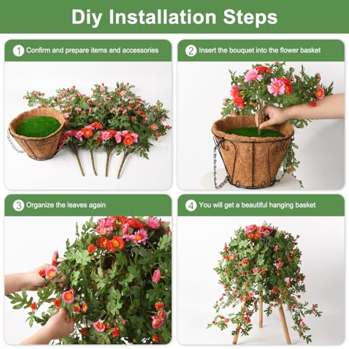 INQCMY Artificial Hanging Flowers with Basket, Silk Chrysanthemum Arrangement, 4 Pack for Patio Garden Decor (Purple Red) E7186