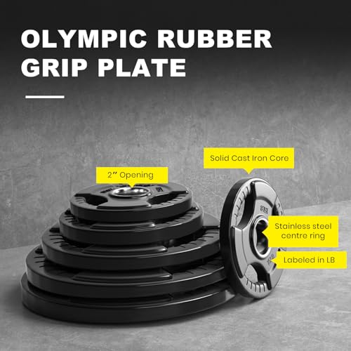LIONSCOOL 2-Inch Rubber Olympic Grip Weight Plates for Strength Training, Cast Iron, 2.5-45LB Q82099