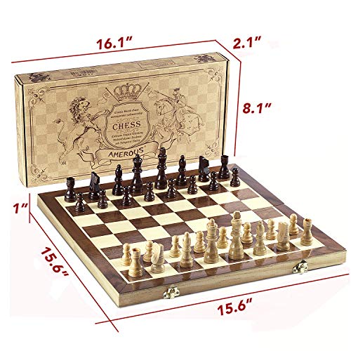 AMEROUS 15 Inches Magnetic Wooden Chess Set with 2 Extra Queens, Folding Board, Storage Slots A743
