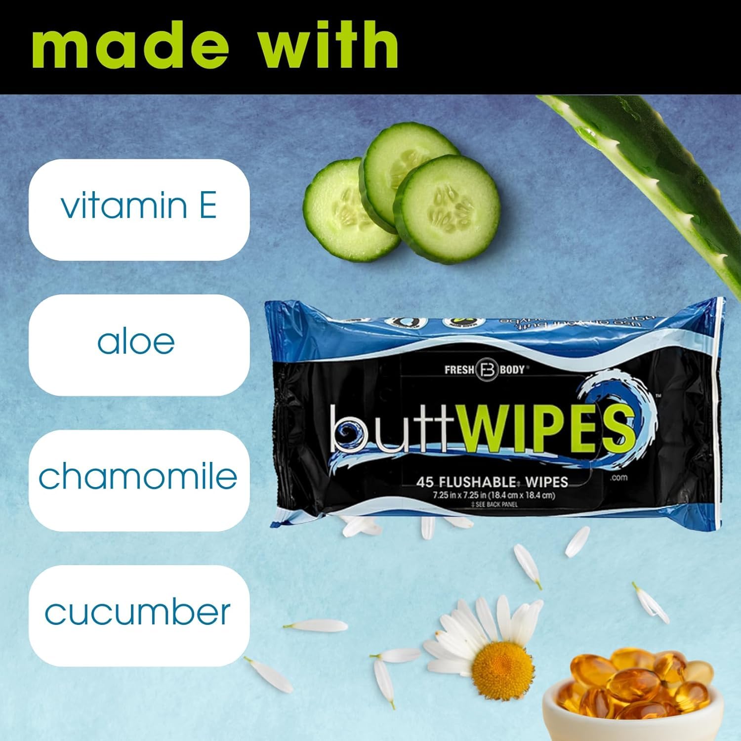 Buttwipes Flushable Wipes for Adults with Aloe and Vitamin E, 45 Count M157