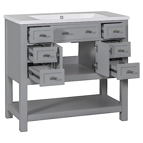 22" Small Bathroom Vanity with White Cabinet, Ceramic Vessel Sink & Left Side Storage R845232