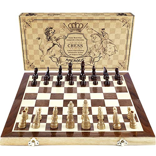 AMEROUS 15 Inches Magnetic Wooden Chess Set with 2 Extra Queens/Folding Board/Chess Pieces Storage Slots/Instructions, Portable Travel Chess Game for Beginner/Classic Board Game
