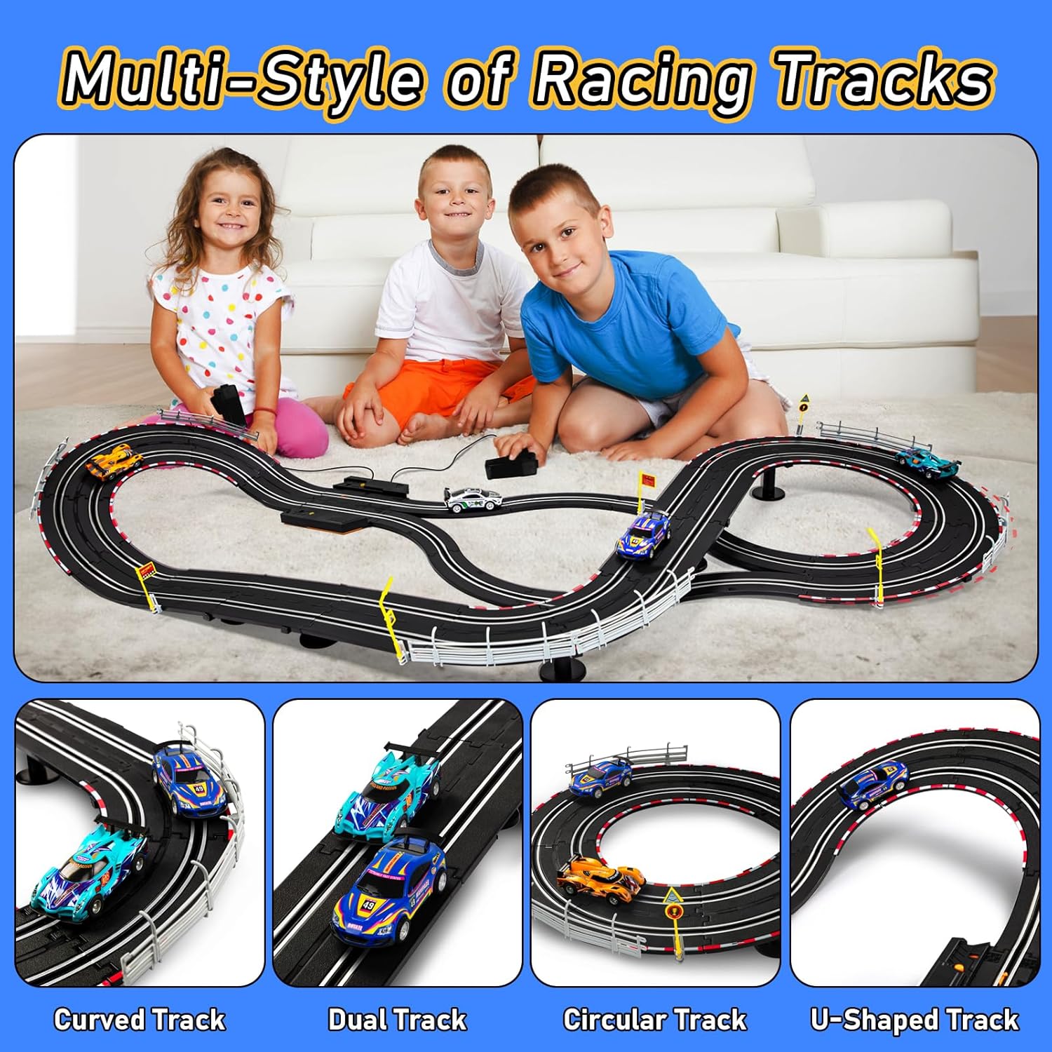 Electric Slot Car Race Track Set with 4 High-Speed Cars, 2 Controllers & Lap Counter E803