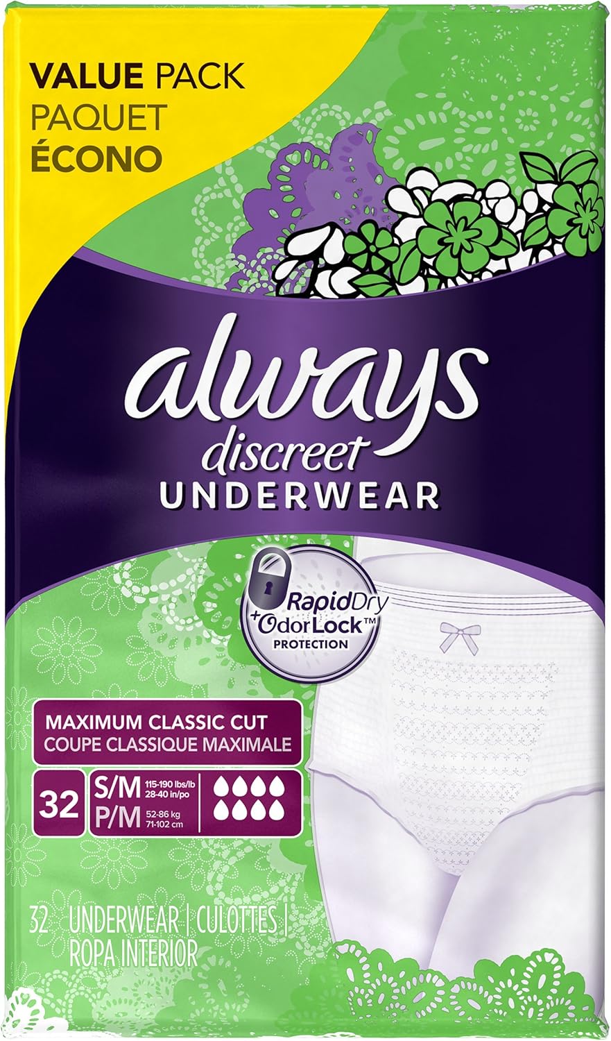 Always Discreet, Incontinence Underwear, Maximum Absorbency, Small/Medium, 32 Count