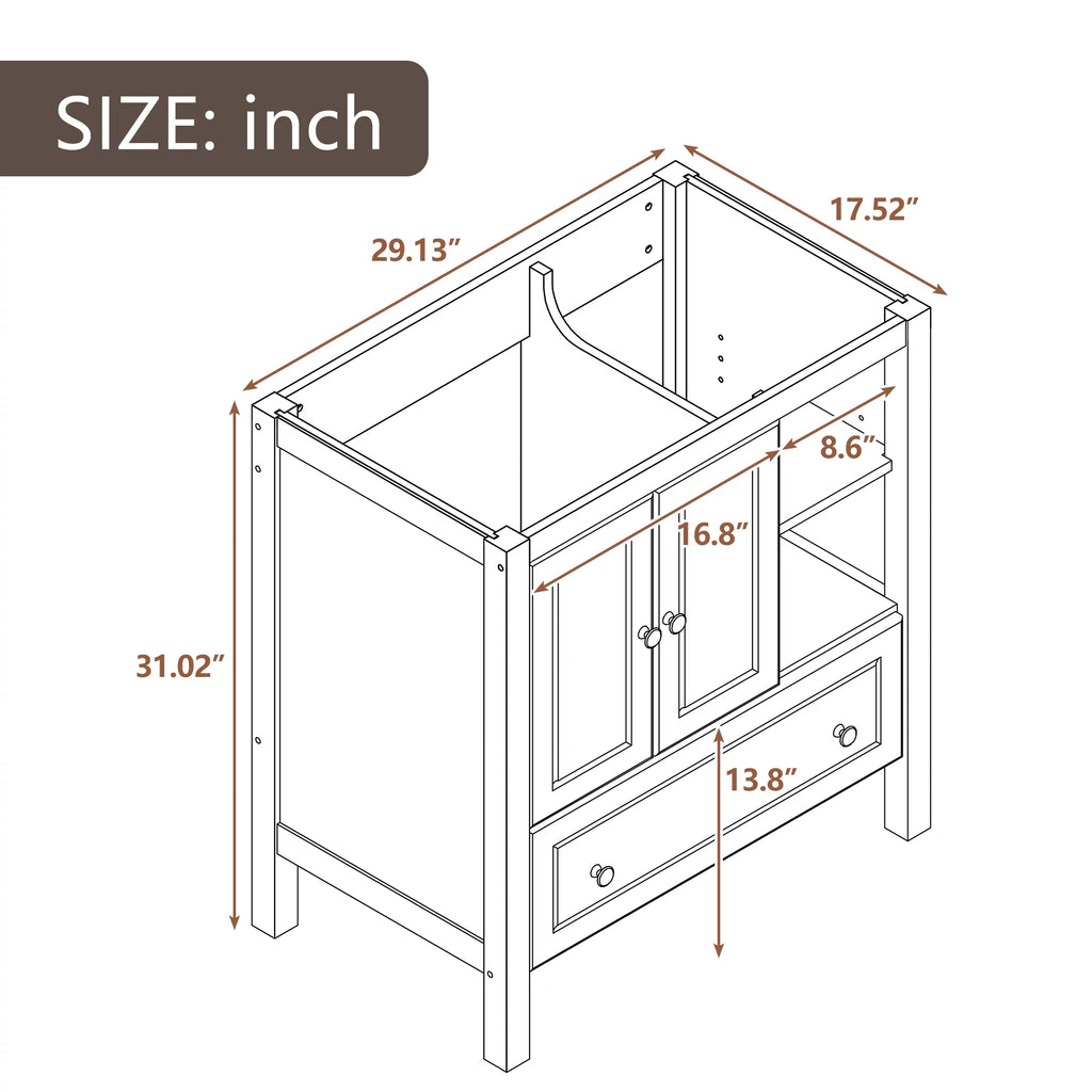 30" Bathroom Vanity Base Only, Solid Wood Frame, Grey P522