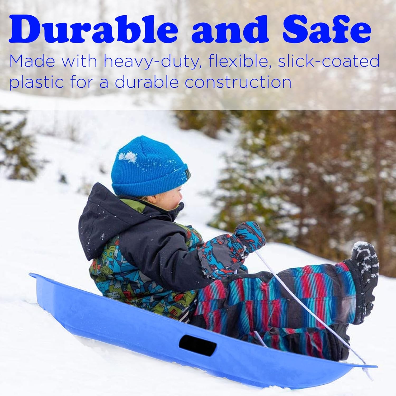 Downhill Sprinter Flexible Plastic Toboggan Snow Sled with Handles and Pull Rope, Blue (3 Pack) A3554
