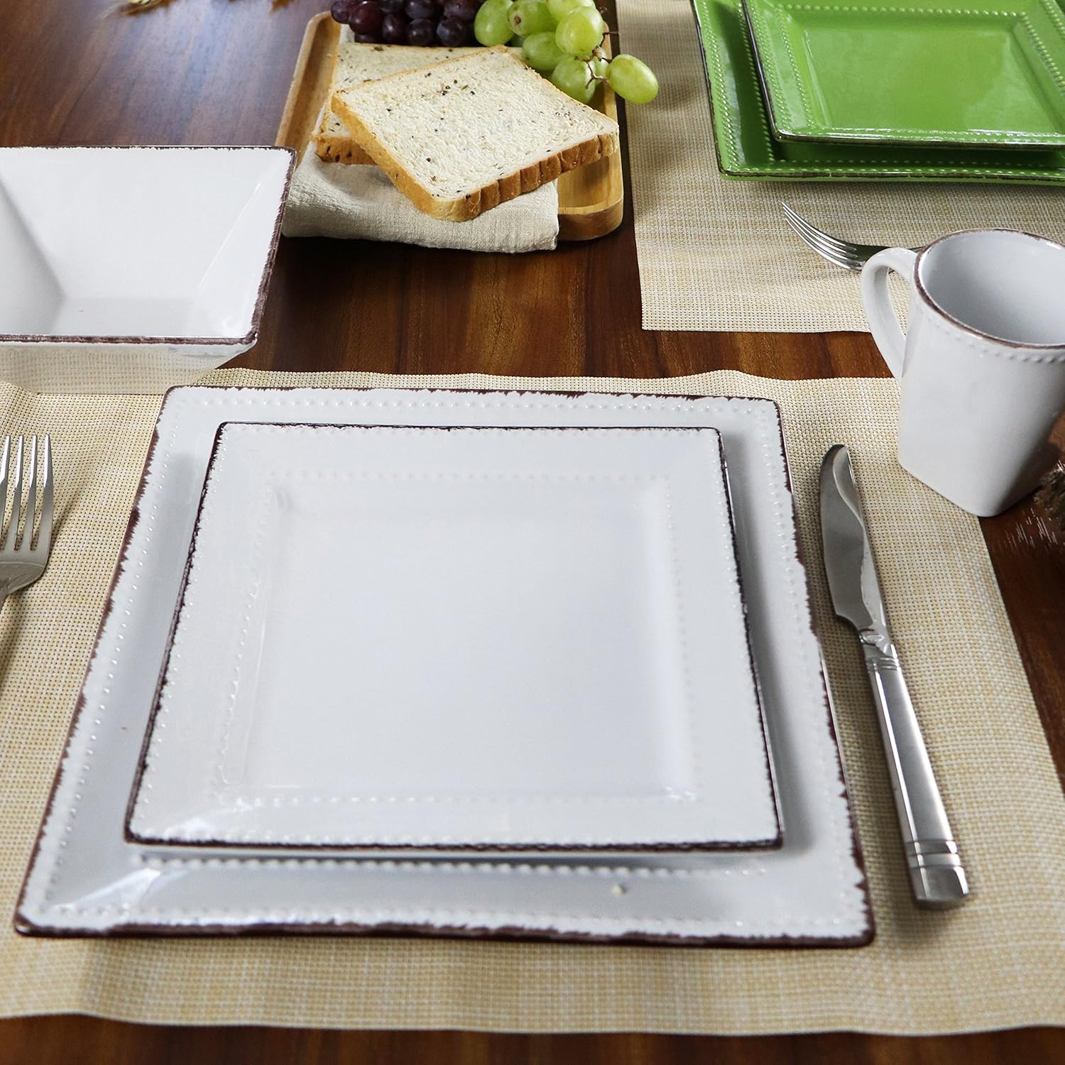 Lorren Home Trends 16 Piece Square Beaded Stoneware Dinnerware Set, White R24131