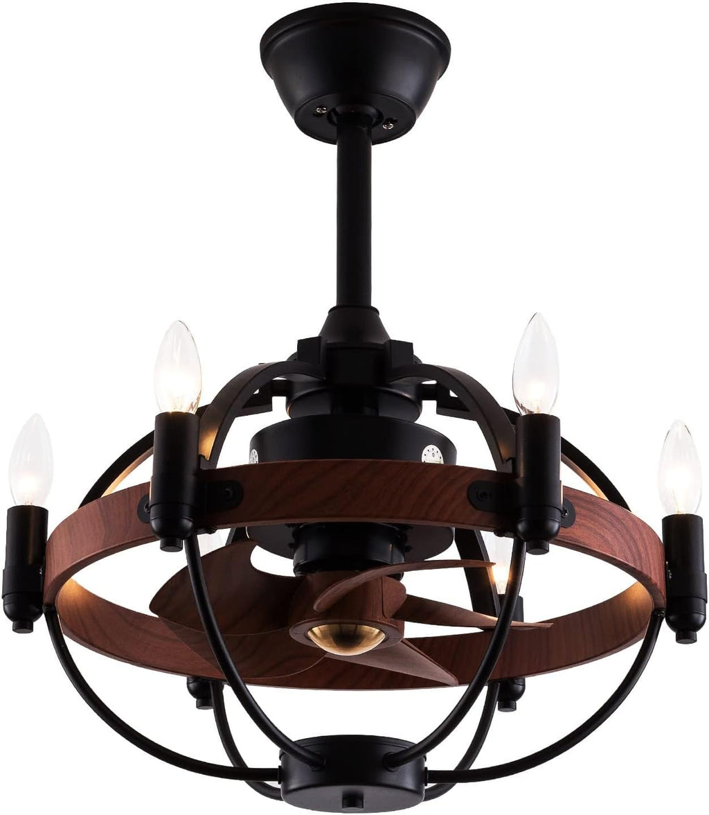 OUKANING Farmhouse Enclosed Ceiling Fan with Light Remote Control, Rustic Chandelier Fandelier with Lights, Reversible Modern Industrial Black Cage Ceiling Light Fixture（22 inches）
