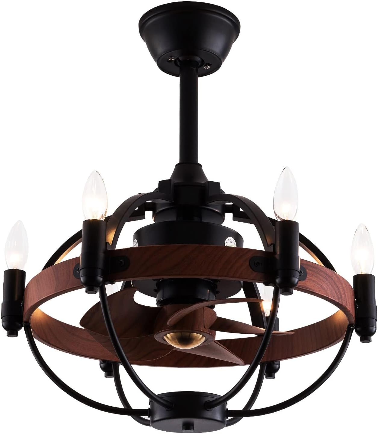 OUKANING Farmhouse Enclosed Ceiling Fan with Light Remote Control, Rustic Chandelier Fandelier with Lights, Reversible Modern Industrial Black Cage Ceiling Light Fixture（22 inches）