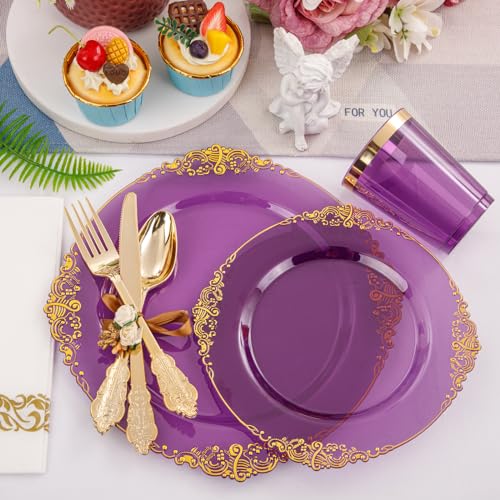 Nervure 350PCS Clear Gold Plastic Plates Dinnerware Set for 50 Guests S7668