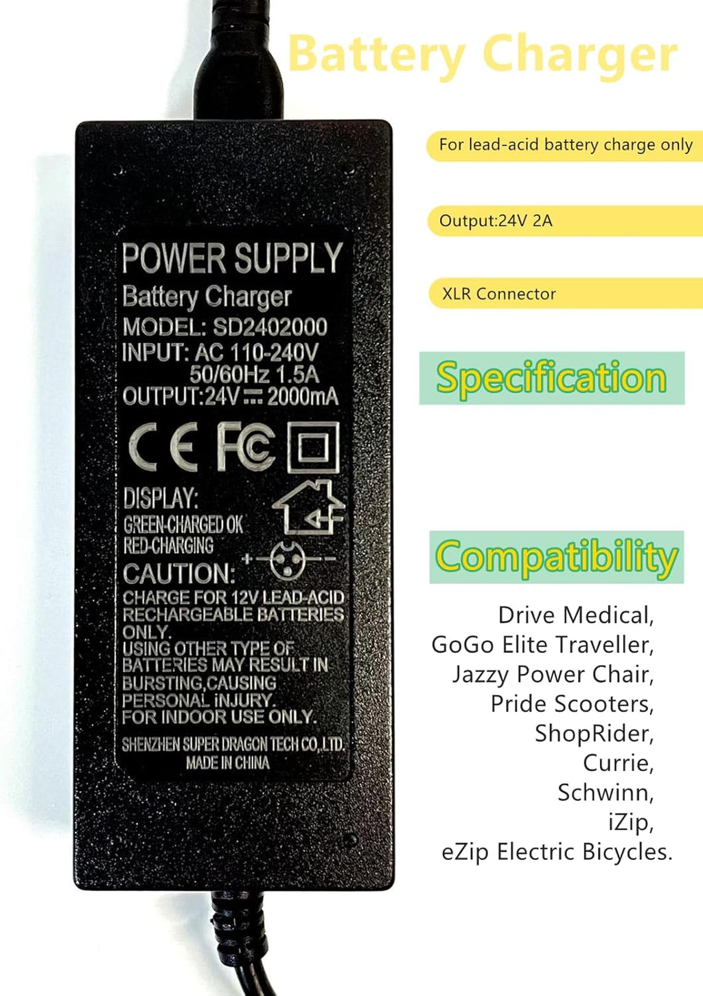 24V2A Battery Charger for GoGo Mobility Scooter with 3-Pin XLR Connector M430
