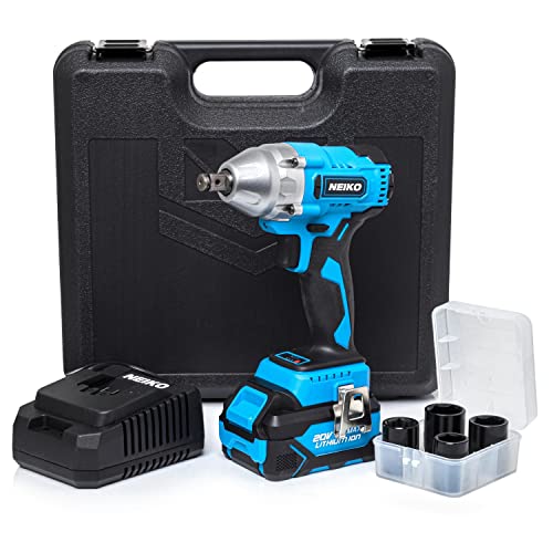 Neiko 10878A 1/2-Inch-Drive High-Torque Cordless Electric Impact-Wrench Kit with 20-Volt Lithium-Ion Charging Battery and 4 1/2-Inch-Drive Sockets