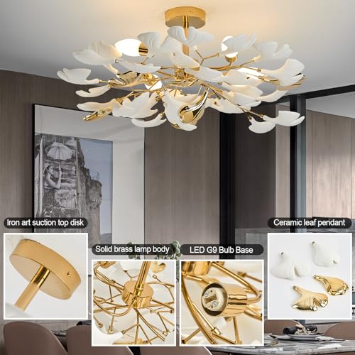 Gold Ceramic Ginkgo Leaf Chandelier, 24" Semi Flush Mount Ceiling Light F689