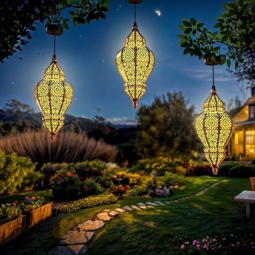 Moroccan Hanging Solar Lights Outdoor Lantern Waterproof Plastic Gold Garden Decor I141