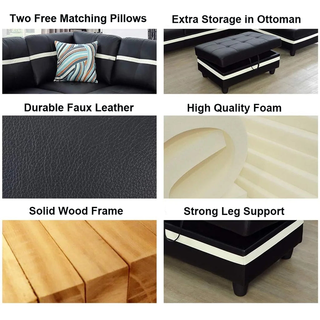 Ainehome 103.5" Leather Sectional Sofa Set, 3-Piece L-Shaped Couch with Ottoman, Black G492