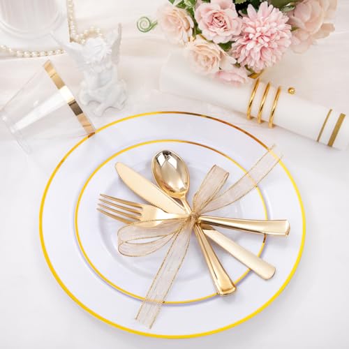 SUT 150 PCS Gold Plastic Plates Disposable Dinnerware Set with Cups L92416