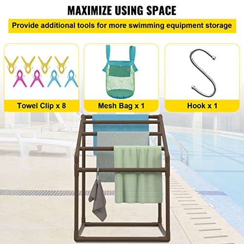 VEVOR Pool Towel Rack, 5 Bar, Brown, Freestanding Outdoor PVC, with Towel Clips and Mesh Bag X972199
