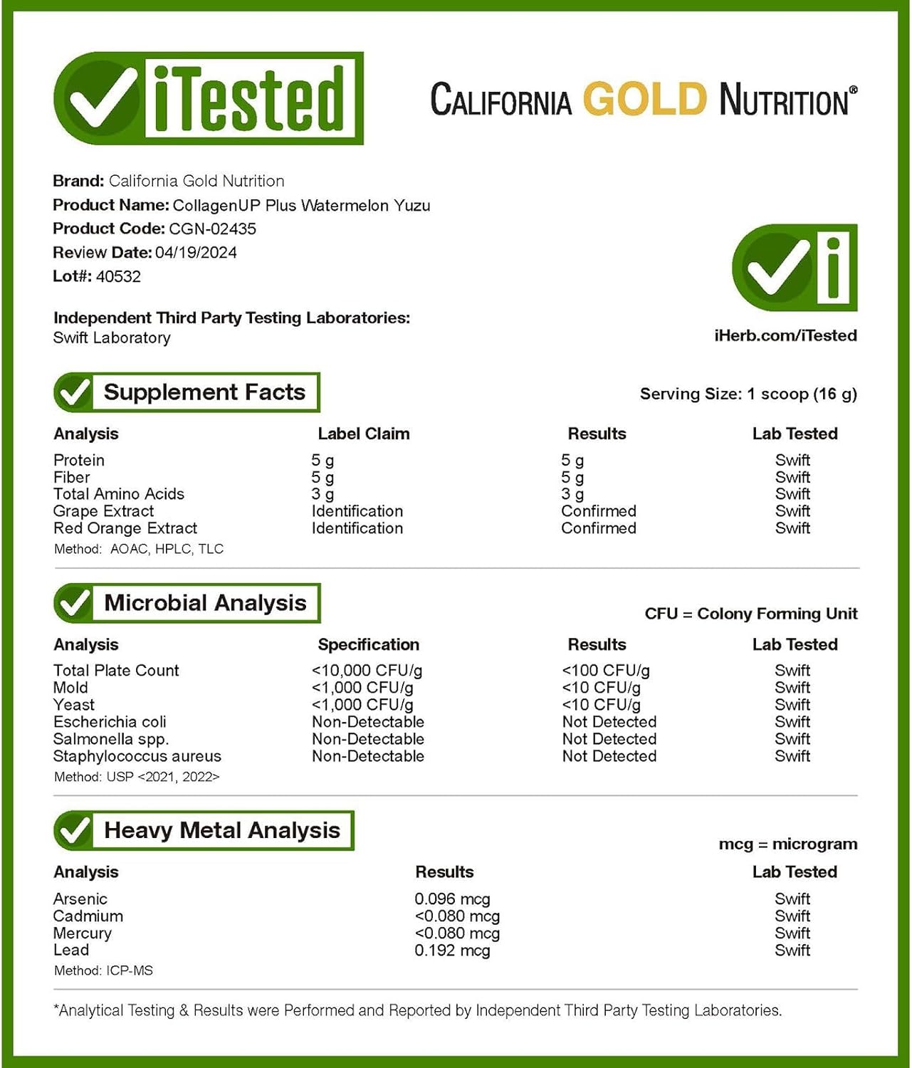 California Gold Nutrition CollagenUp Plus Hydrolyzed Marine Collagen Peptides Watermelon Yuzu 494 g G120