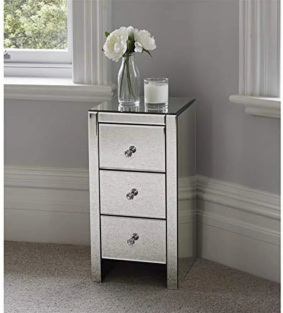 RUNFAYBIU Mirrored Nightstand  Mirrored End Table with 3 Drawers and Crystal-Style Knobs   Mirrored Bedside Table for Bedroom  Living Room  Small Place  Silver  11.81" L x 11.81"