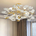 Bedroom Chandelier Ceiling Light, Gold Ceramic Ginkgo Leaf Chandeliers Brass Semi Flush Mount Chandelier Light Fixture for Kitchen Living Room Dining Room, 24" Ceiling Light Fixture