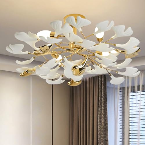 Bedroom Chandelier Ceiling Light, Gold Ceramic Ginkgo Leaf Chandeliers Brass Semi Flush Mount Chandelier Light Fixture for Kitchen Living Room Dining Room, 24" Ceiling Light Fixture