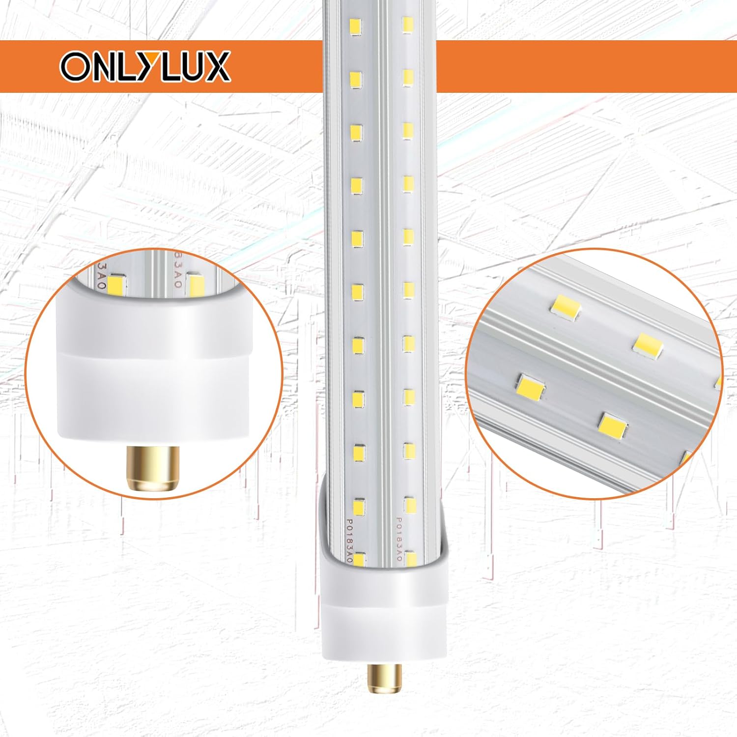 8ft LED Shop Light Bulbs 72W 6000K 10000lm, T8 T10 T12 V Shape FA8, Clear Cover, Pack of 12 R143