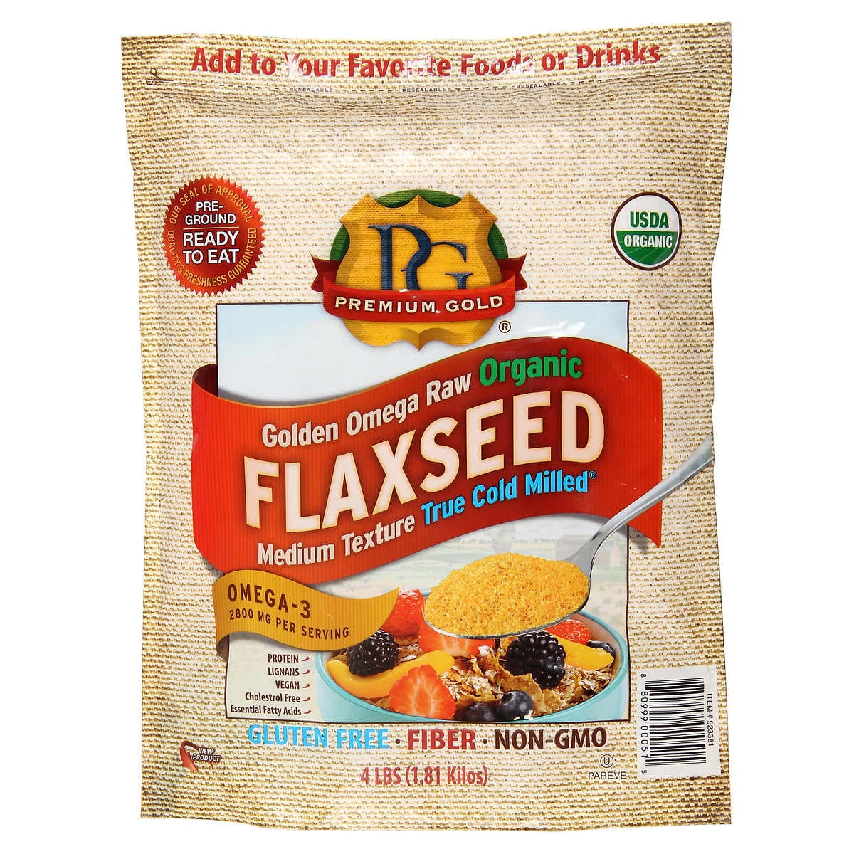 Premium Gold Organic Golden Omega Medium Ground Flaxseed, 4lb.