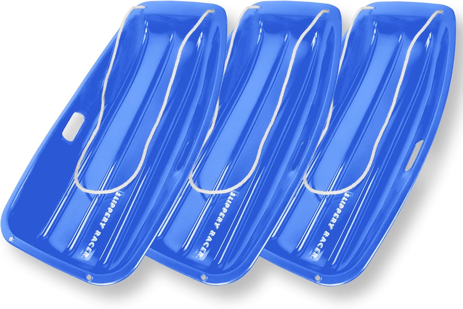 Downhill Sprinter Flexible Plastic Toboggan Snow Sled with Built-in Handles and Pull Rope for Kids and Adults, Blue (3 Pack)