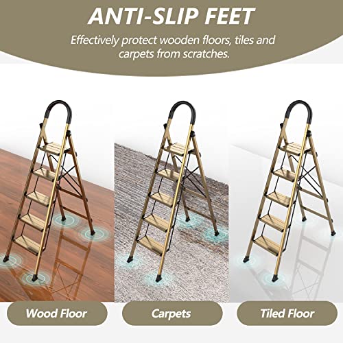 SOLADDER 5 Step Ladder, Folding Aluminum Step Stool, Anti-Slip Pedal, 300 lbs Capacity A315