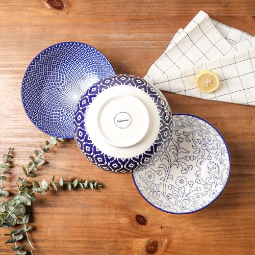 Selamica Ceramic Large Salad Bowls Set, 53 OZ, 8 Inch, Stackable, Set of 3, Vintage Blue G742