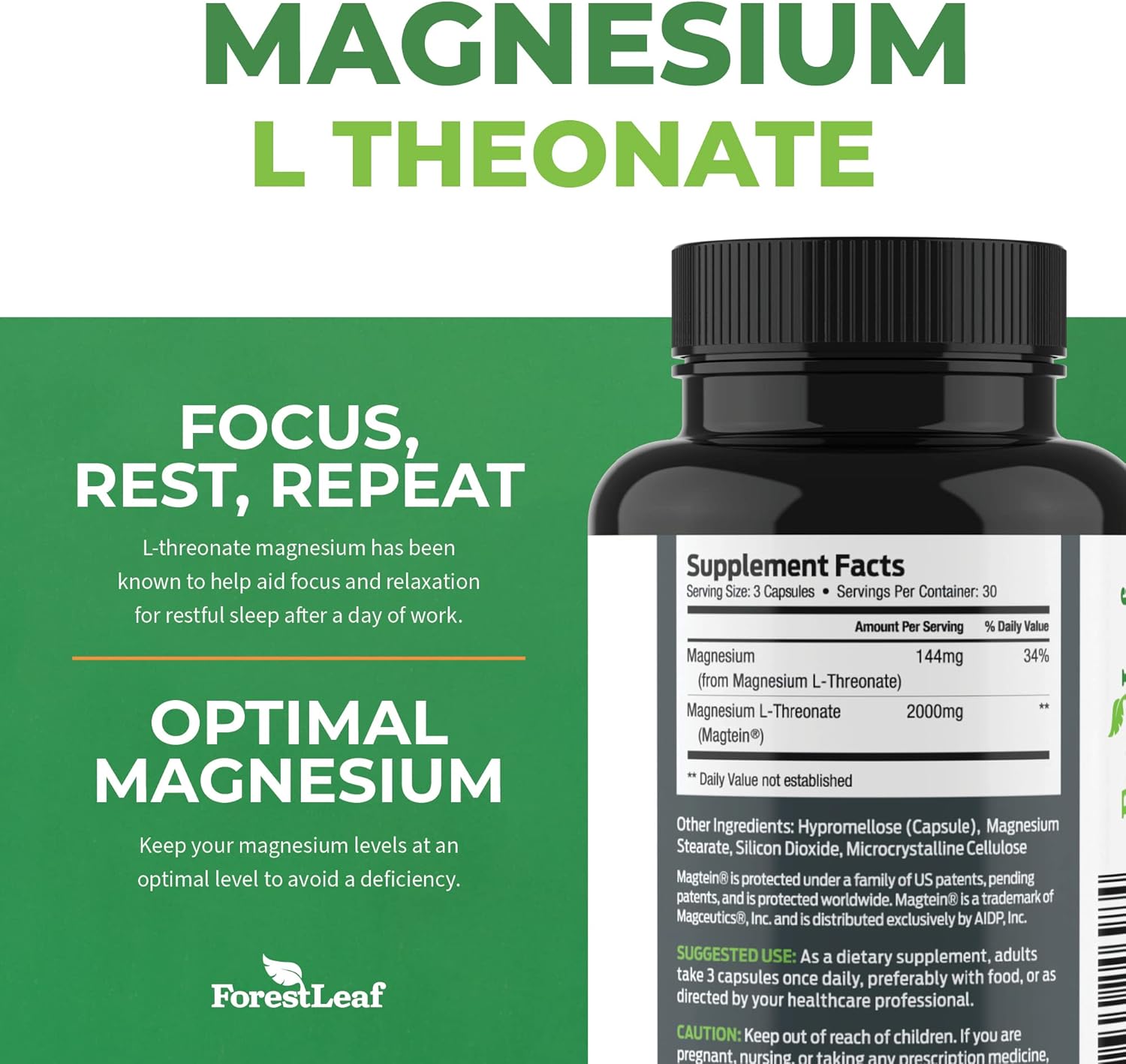 Magnesium L-Threonate Capsules 2000mg Magtein Formula for Brain & Sleep Support, 90 Count S418