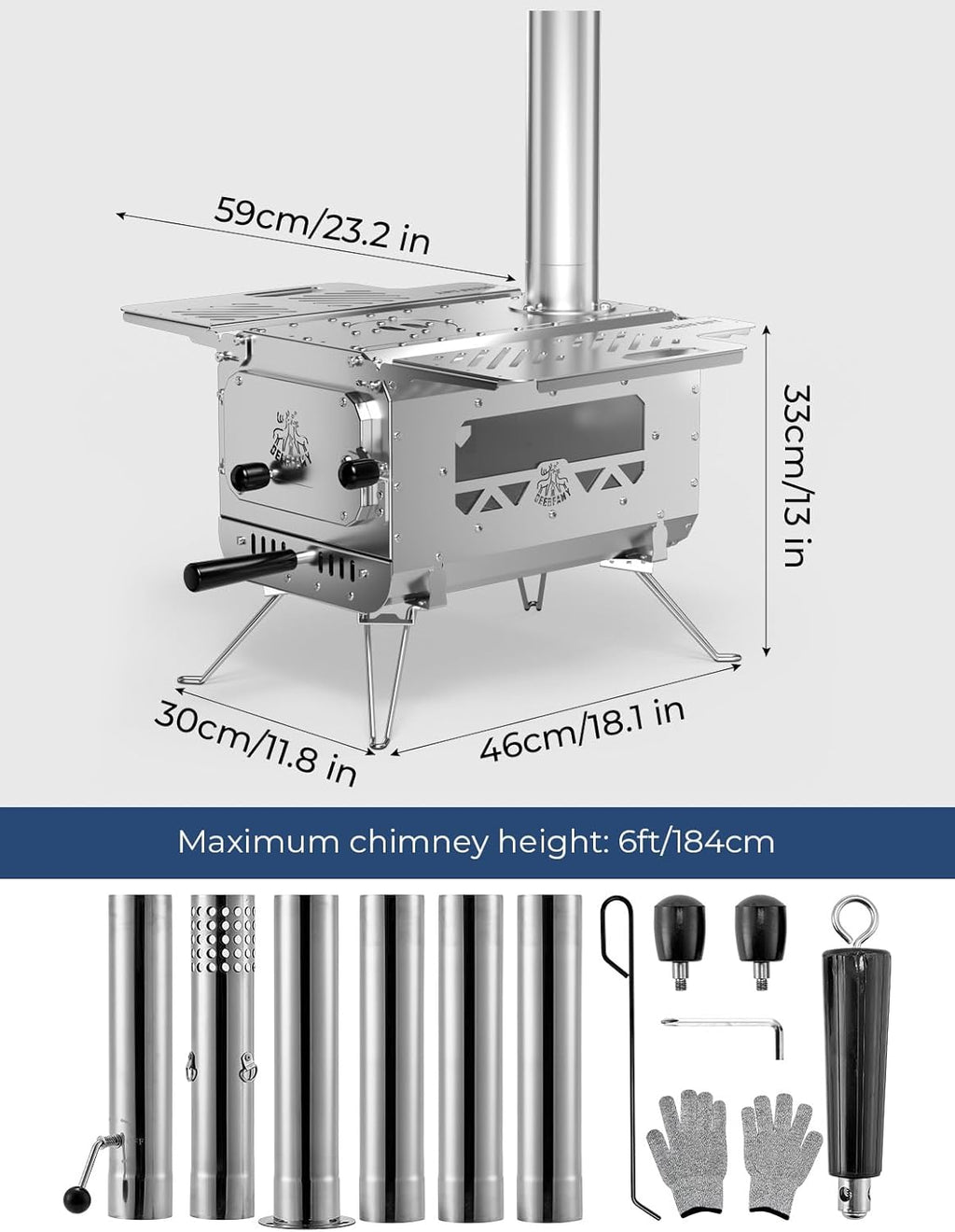 DEERFAMY Portable Stainless Steel Tent Stove with 6 Chimney Pipes M679