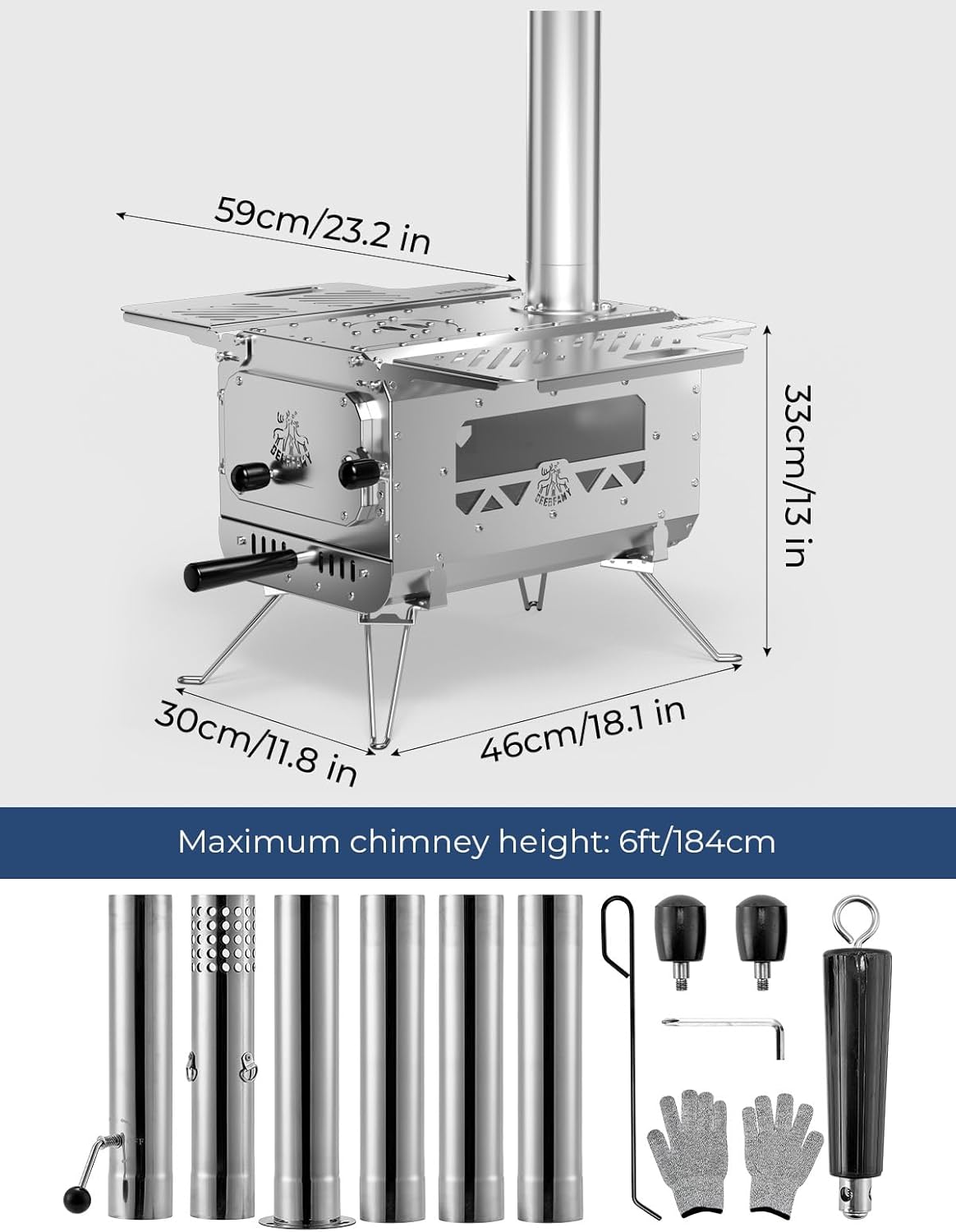 DEERFAMY Portable Stainless Steel Tent Stove with 6 Chimney Pipes M679